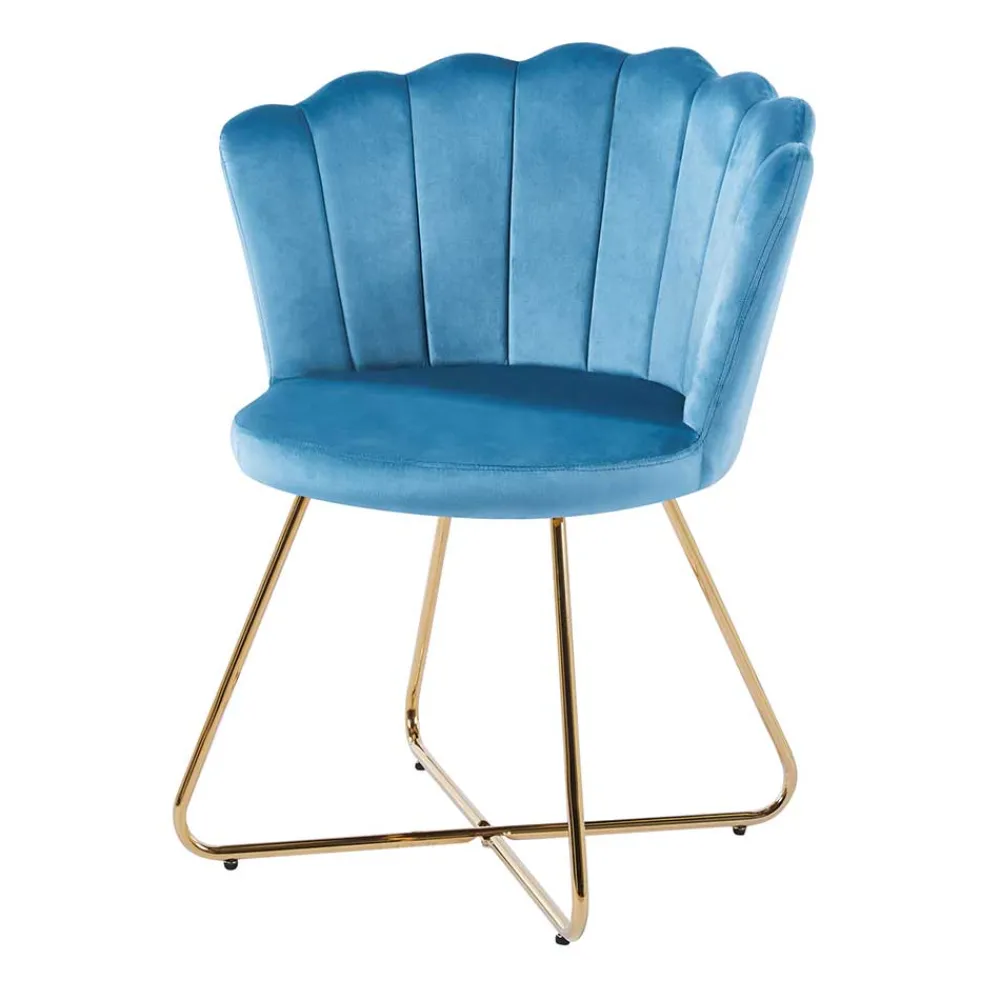 Wohnen Retro Möbel|Küchenstühle*Blaue Samtstühle mit Muschel Design Lehne - Candelcero (2er Set)