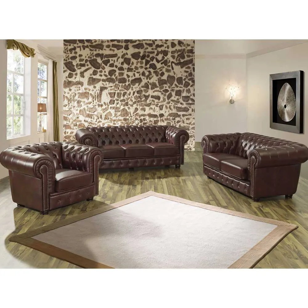 Wohnen Chesterfield Möbel|Küchen-Essgruppen*Braune Polstergarnitur aus Echtleder - Pluna (dreiteilig)