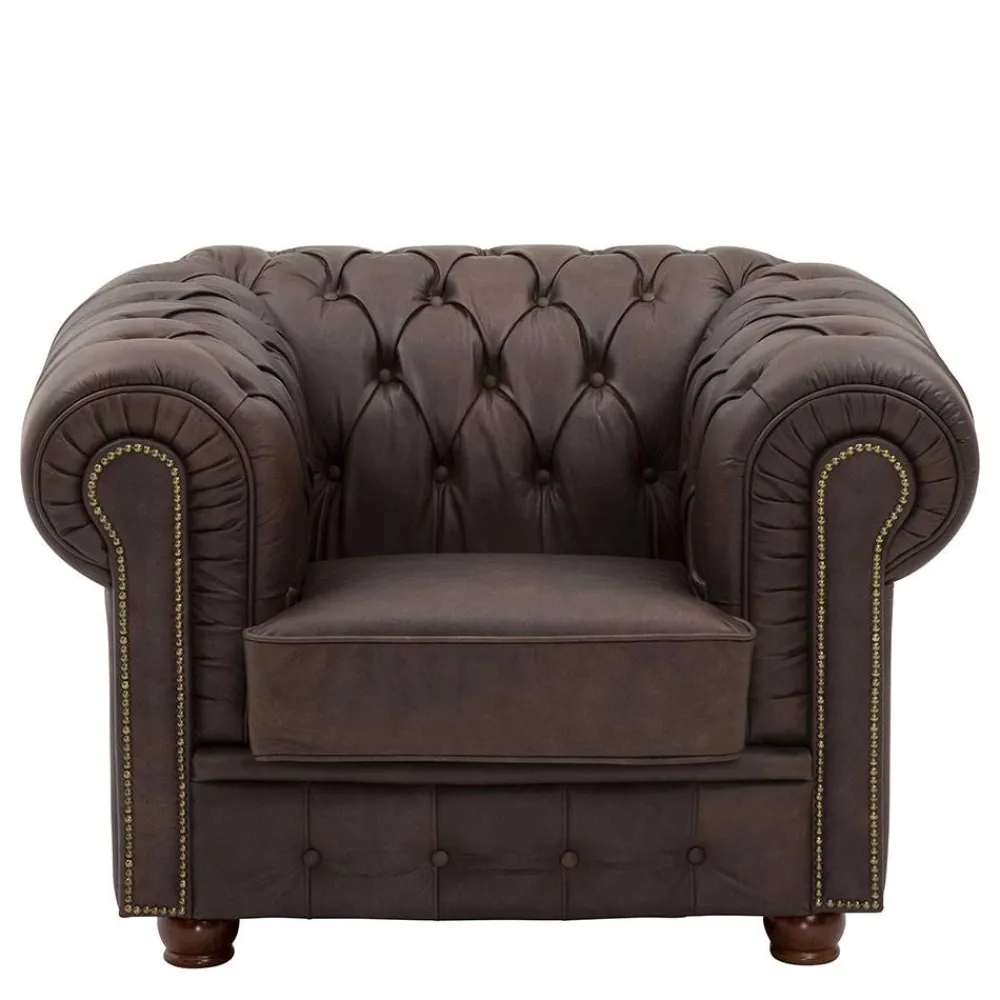Wohnen Braune Möbel|Sessel & Hocker*Brauner Chesterfieldsessel mit Lederbezug - Pluna