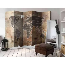 Wohnen Braune Möbel|Paravents*Brauner Design-Paravent Motiv Weltkarte - Lexiago