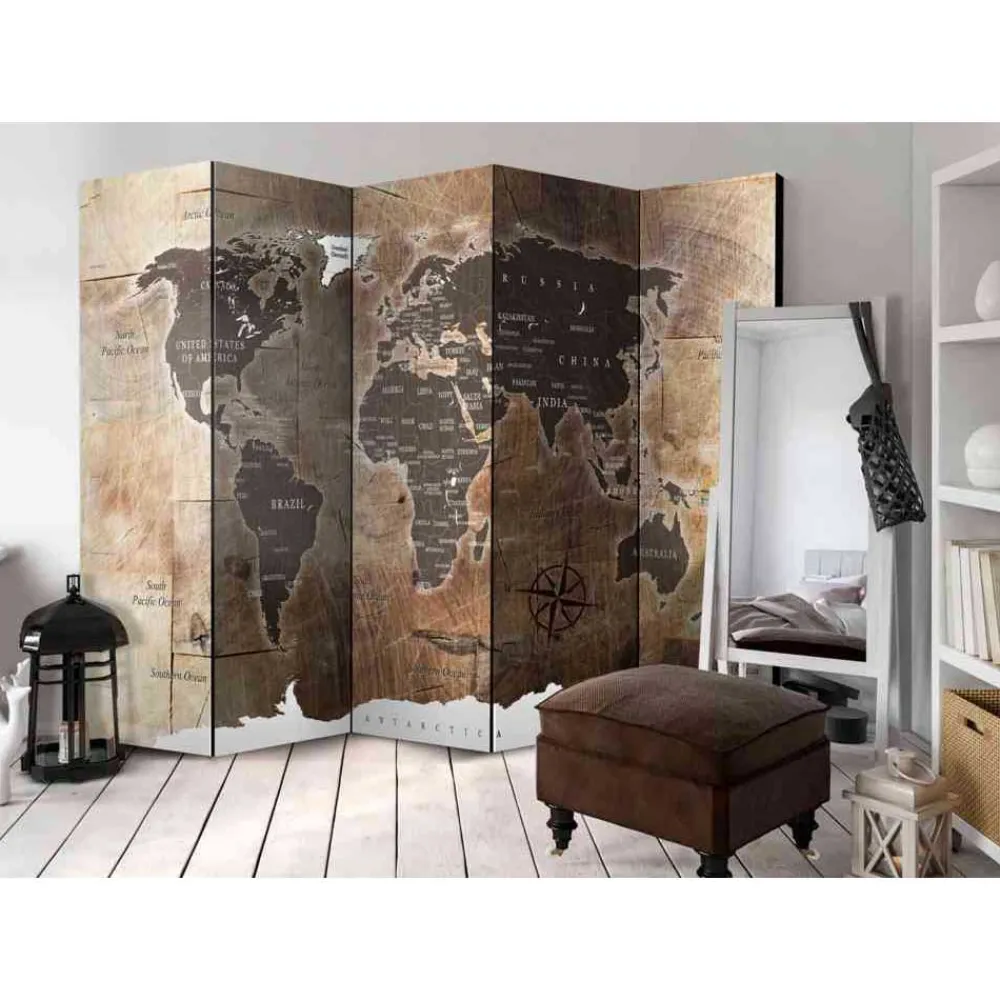 Wohnen Braune Möbel|Paravents*Brauner Design-Paravent Motiv Weltkarte - Lexiago