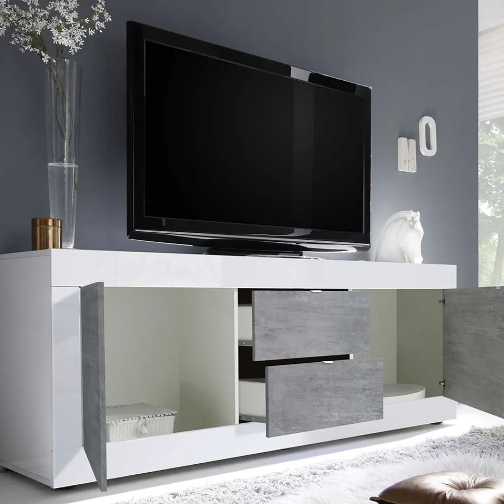 Wohnen Breites TV Board in Weiß HG & Betonoptik - Narandu
