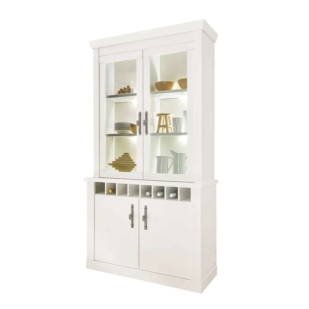 Wohnen Küchenschränke|Esszimmer-Vitrinen*Buffet Vitrine in weißer Holzoptik Pinie - Liancos