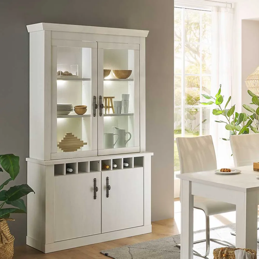 Wohnen Küchenschränke|Esszimmer-Vitrinen*Buffet Vitrine in weißer Holzoptik Pinie - Liancos