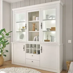Wohnen Küchenschränke|Esszimmer-Vitrinen*Buffetschrank Vitrine in weißer Holzoptik Pinie - Liancos