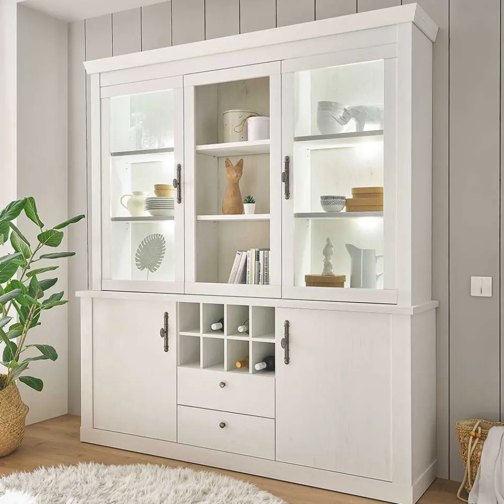 Wohnen Küchenschränke|Esszimmer-Vitrinen*Buffetschrank Vitrine in weißer Holzoptik Pinie - Liancos
