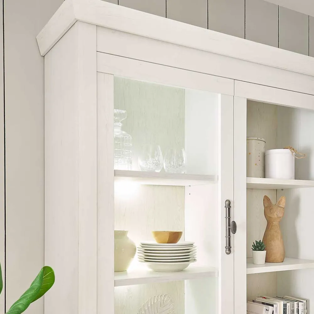 Wohnen Küchenschränke|Esszimmer-Vitrinen*Buffetschrank Vitrine in weißer Holzoptik Pinie - Liancos