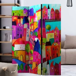 Wohnen Paravents*Bunt bedruckter Paravent mit Stadt Häusern Bäumen - Villa