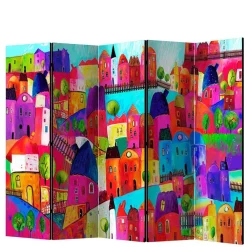 Wohnen Paravents*Bunt bedruckter Paravent mit Stadt Häusern Bäumen - Villa