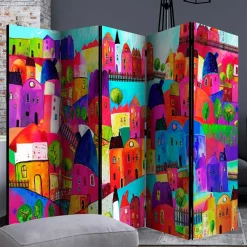 Wohnen Paravents*Bunt bedruckter Paravent mit Stadt Häusern Bäumen - Villa