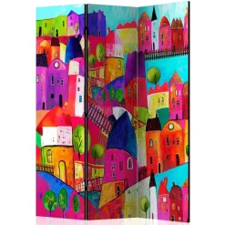 Wohnen Paravents*Bunt bedruckter Paravent mit Stadt Häusern Bäumen - Villa