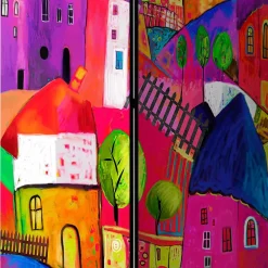 Wohnen Paravents*Bunt bedruckter Paravent mit Stadt Häusern Bäumen - Villa