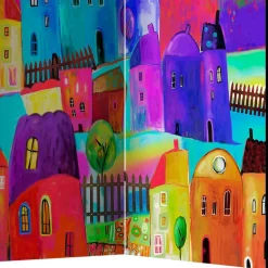 Wohnen Paravents*Bunt bedruckter Paravent mit Stadt Häusern Bäumen - Villa