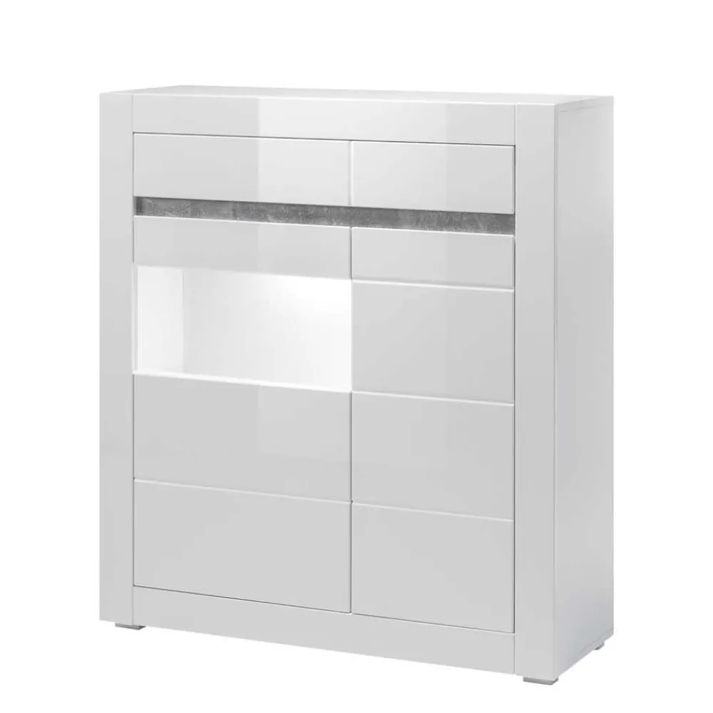 Wohnen 100cm breite Vitrine in Weiß Hochglanz Mextra mit Beton Dekor abgesetzt