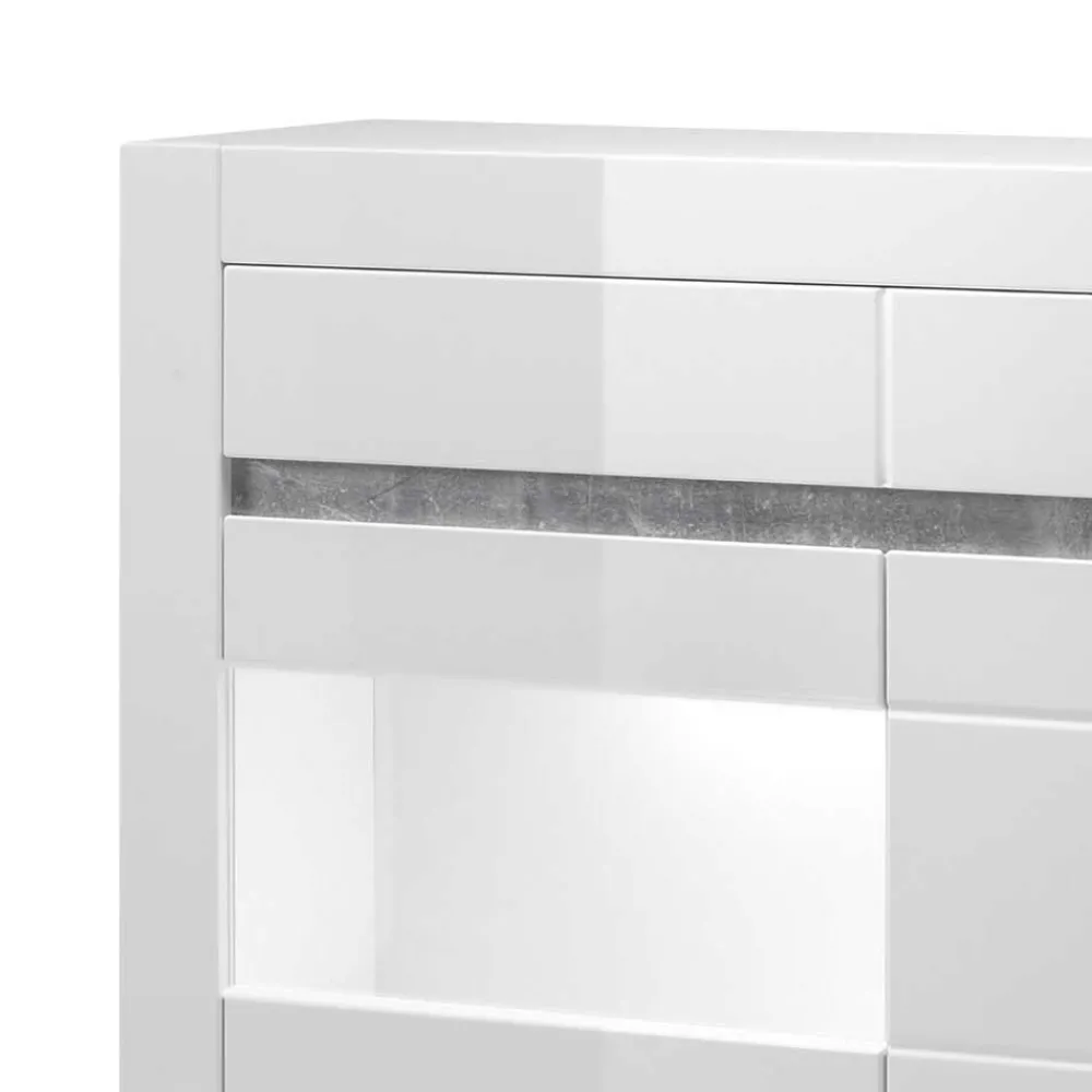 Wohnen 100cm breite Vitrine in Weiß Hochglanz Mextra mit Beton Dekor abgesetzt