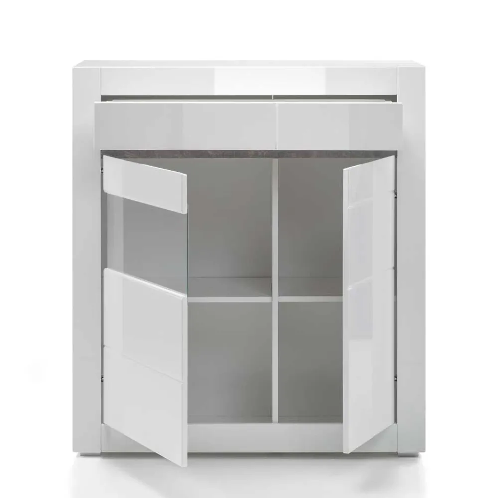 Wohnen 100cm breite Vitrine in Weiß Hochglanz Mextra mit Beton Dekor abgesetzt