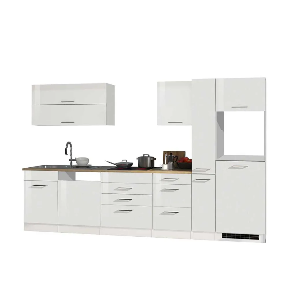 Wohnen Küche Komplett|Küchenzeilen*330cm Einbauküchenzeile in Weiß - Cuneo (achtteilig)