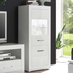 Wohnen 142cm hohe Vitrine in Hochglanz Weiß Yulis 2-türig mit Glaseinsatz