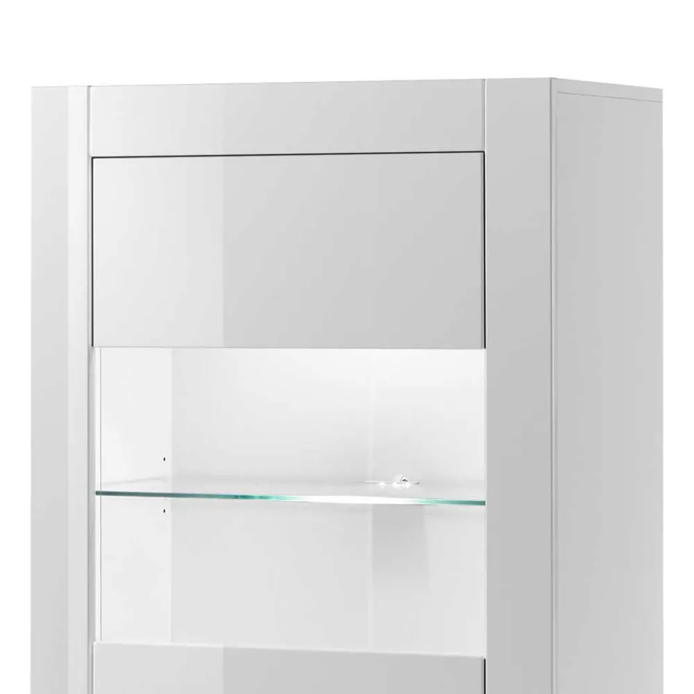 Wohnen 142cm hohe Vitrine in Hochglanz Weiß Yulis 2-türig mit Glaseinsatz
