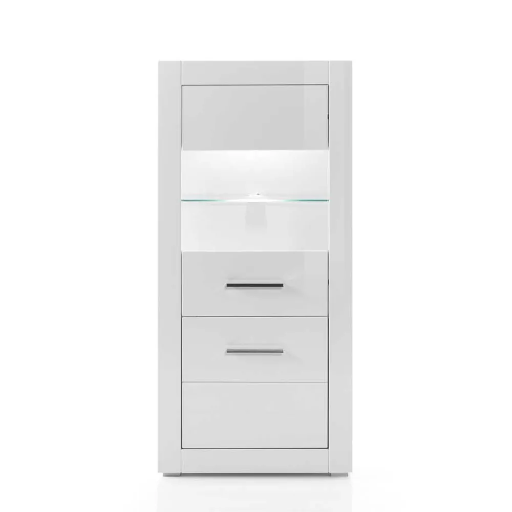 Wohnen 142cm hohe Vitrine in Hochglanz Weiß Yulis 2-türig mit Glaseinsatz