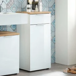 Wohnen Glasmöbel*86cm hoher Bad Schrank in Weiß & Eiche - Etosia I