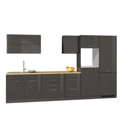 Wohnen Küche Komplett|Küchenzeilen*350cm Küchenblock in Grau Hochglanz - Bozenia (achtteilig)