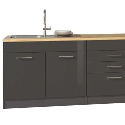 Wohnen Küche Komplett|Küchenzeilen*350cm Küchenblock in Grau Hochglanz - Bozenia (achtteilig)