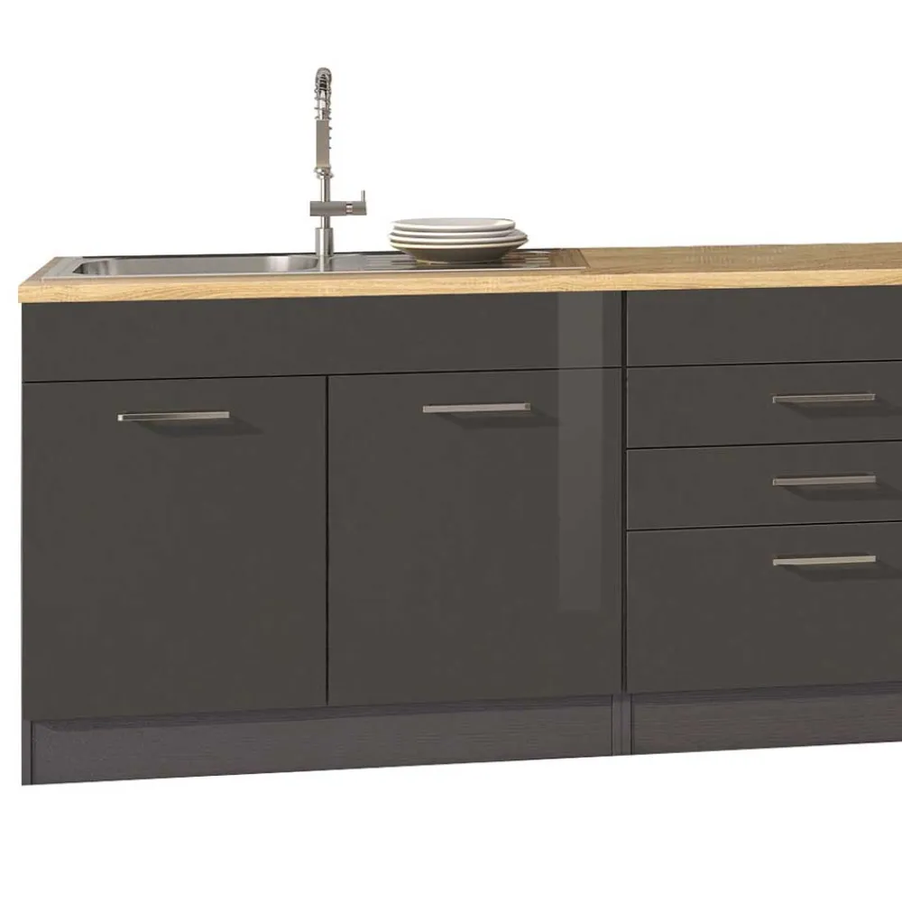 Wohnen Küche Komplett|Küchenzeilen*350cm Küchenblock in Grau Hochglanz - Bozenia (achtteilig)