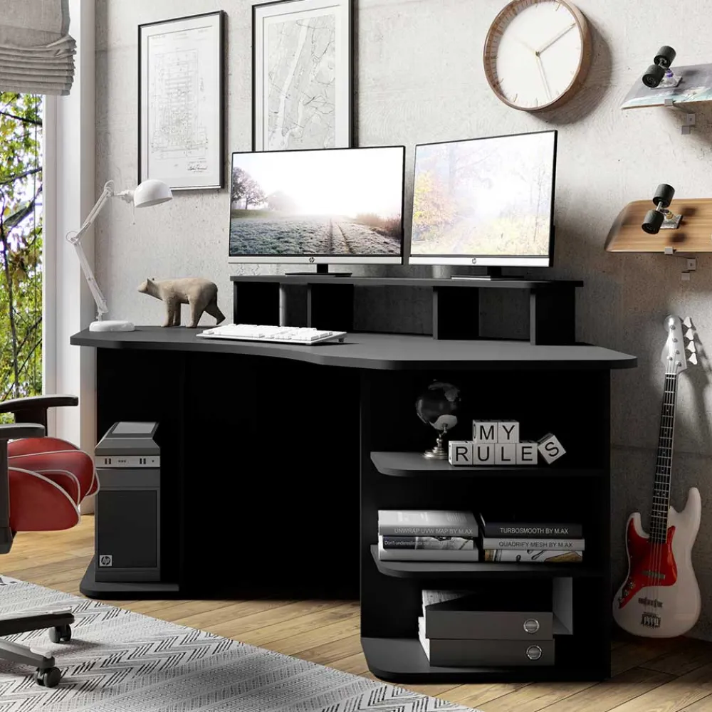 Wohnen Computertisch in Schwarz mit Aufsatz - Iscian