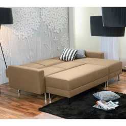 Wohnen Couchbett mit Hocker in Beige mit Chrom - Proof (zweiteilig)