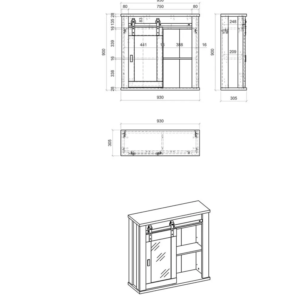Wohnen Country Style Oberschrank mit Glas Schiebetür - Garisa