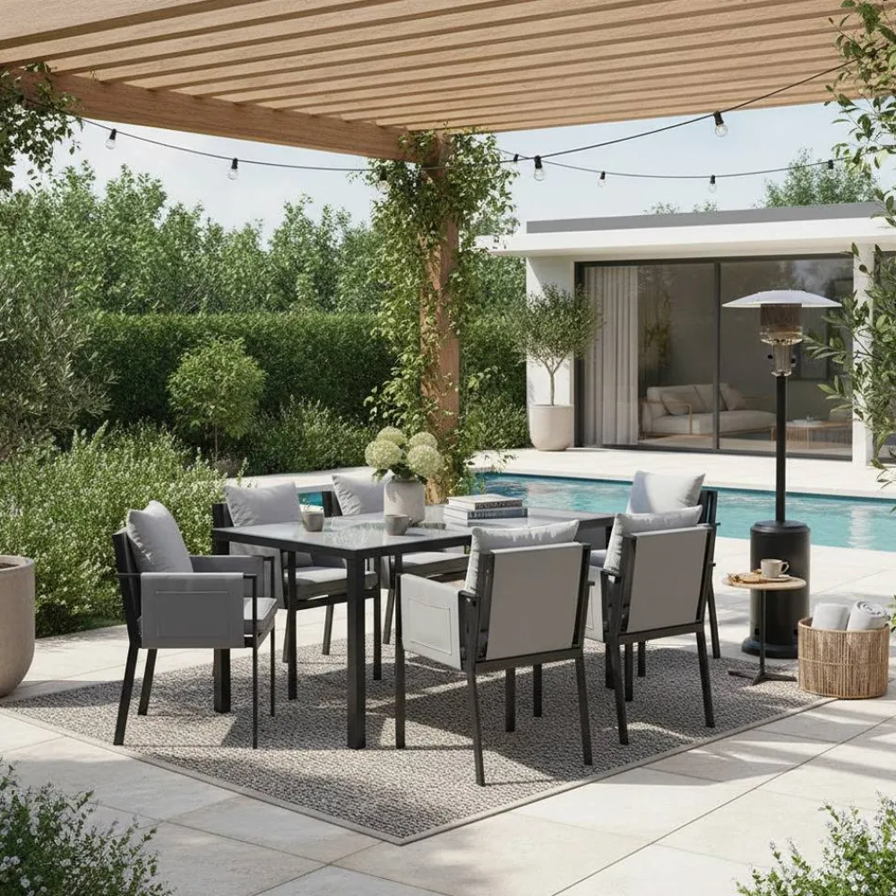 Wohnen Glasmöbel|Balkonmöbel*Design Garten-Essgruppe in Grau & Schwarz - Geraldine (siebenteilig)