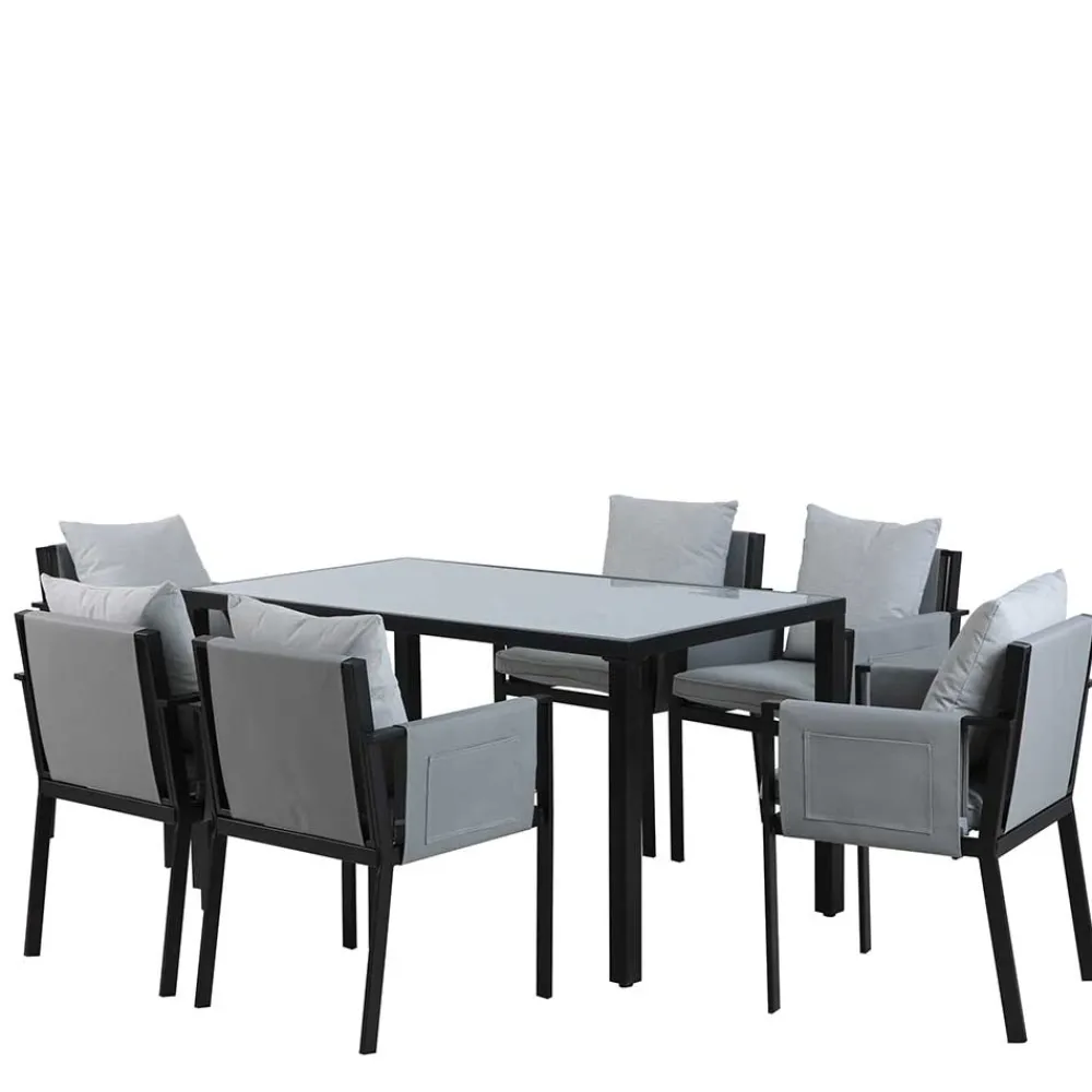 Wohnen Glasmöbel|Balkonmöbel*Design Garten-Essgruppe in Grau & Schwarz - Geraldine (siebenteilig)