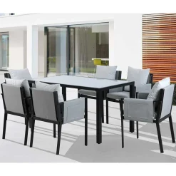 Wohnen Glasmöbel|Balkonmöbel*Design Garten-Essgruppe in Grau & Schwarz - Geraldine (siebenteilig)