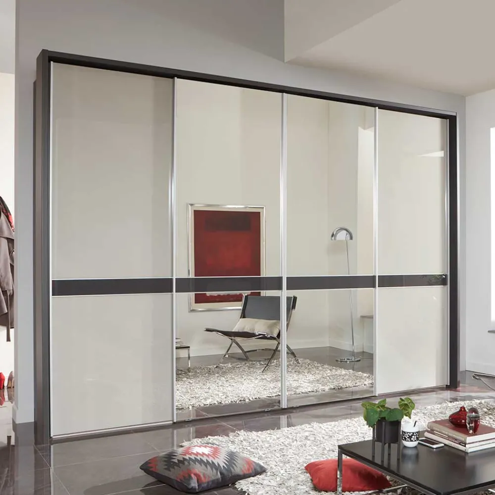Wohnen Design Schrank mit Spiegel & Glas Front Hellgrau - Capolyna