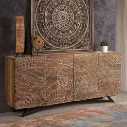 Wohnen Design Sideboard aus Akazienholz mit Schnitzerei - Merlan