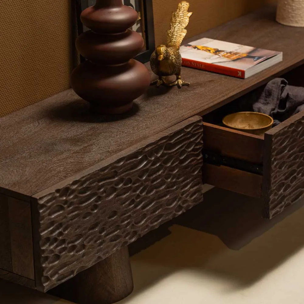 Wohnen Design TV Lowboard aus Mangoholz in Walnuss Braun - Glancossa
