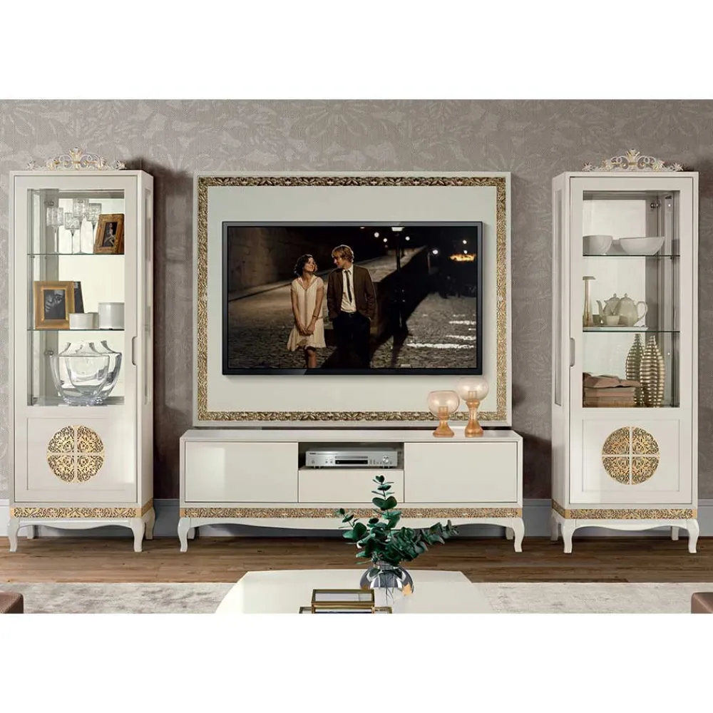 Wohnen Designermöbel|Italienische Möbel*Design TV Wand in Weiß & Gold - Valganios (vierteilig)
