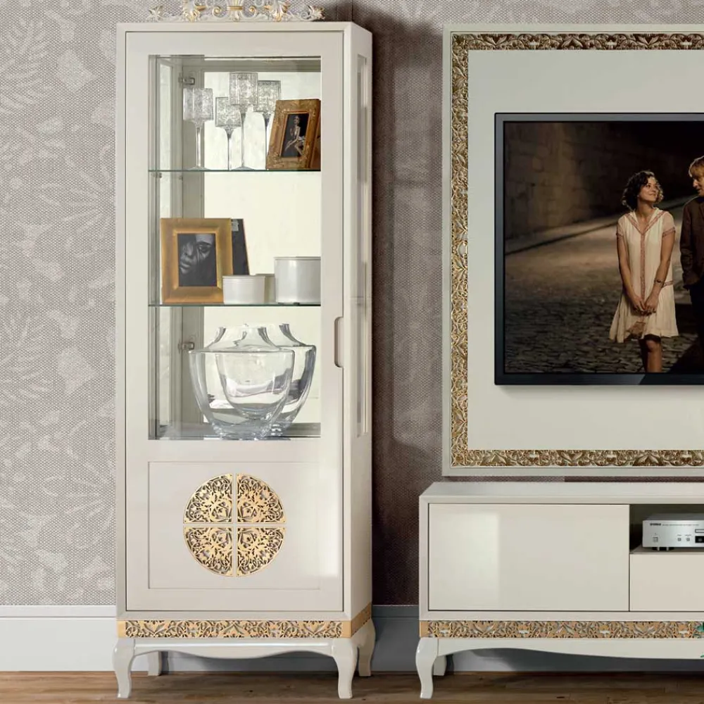 Wohnen Designermöbel|Italienische Möbel*Design TV Wand in Weiß & Gold - Valganios (vierteilig)