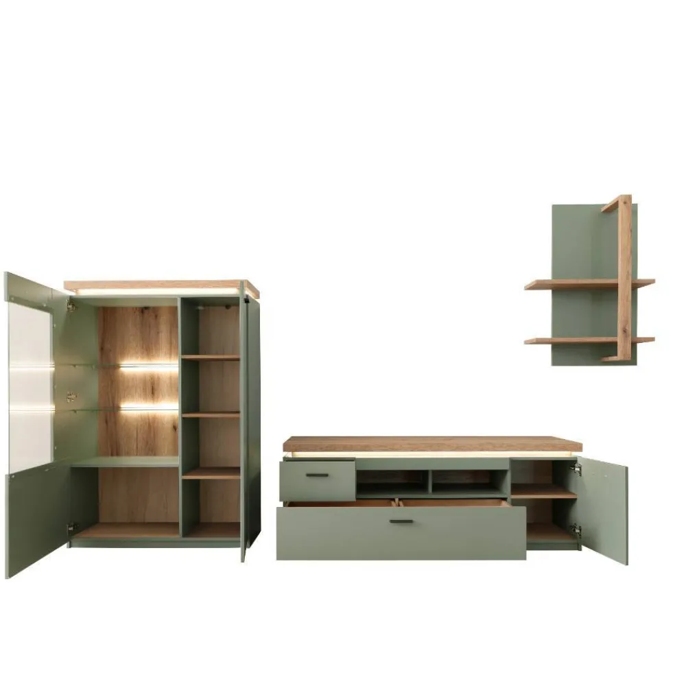 Wohnen Wohnwände|Wohnwand*Design Wohnwand in Graugrün und Eiche - Kwin (dreiteilig)