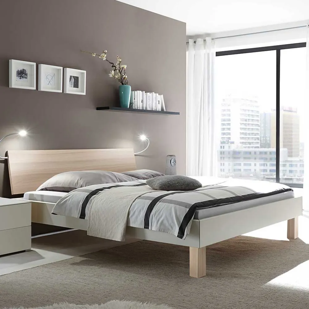 Wohnen Design-Doppelbett in hellem Esche Dekor & Weiß - Ezianas