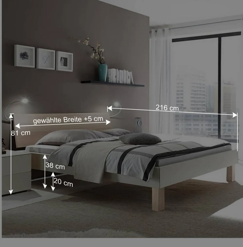 Wohnen Design-Doppelbett in hellem Esche Dekor & Weiß - Ezianas