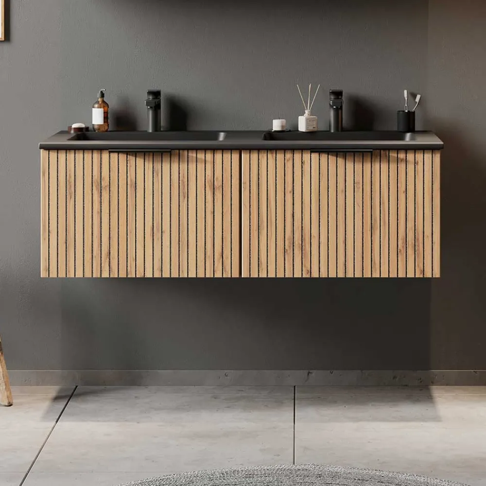 Wohnen Schwarze Möbel|Waschtisch*Doppel-Waschkonsole mit schwarzen Becken - Crystoga