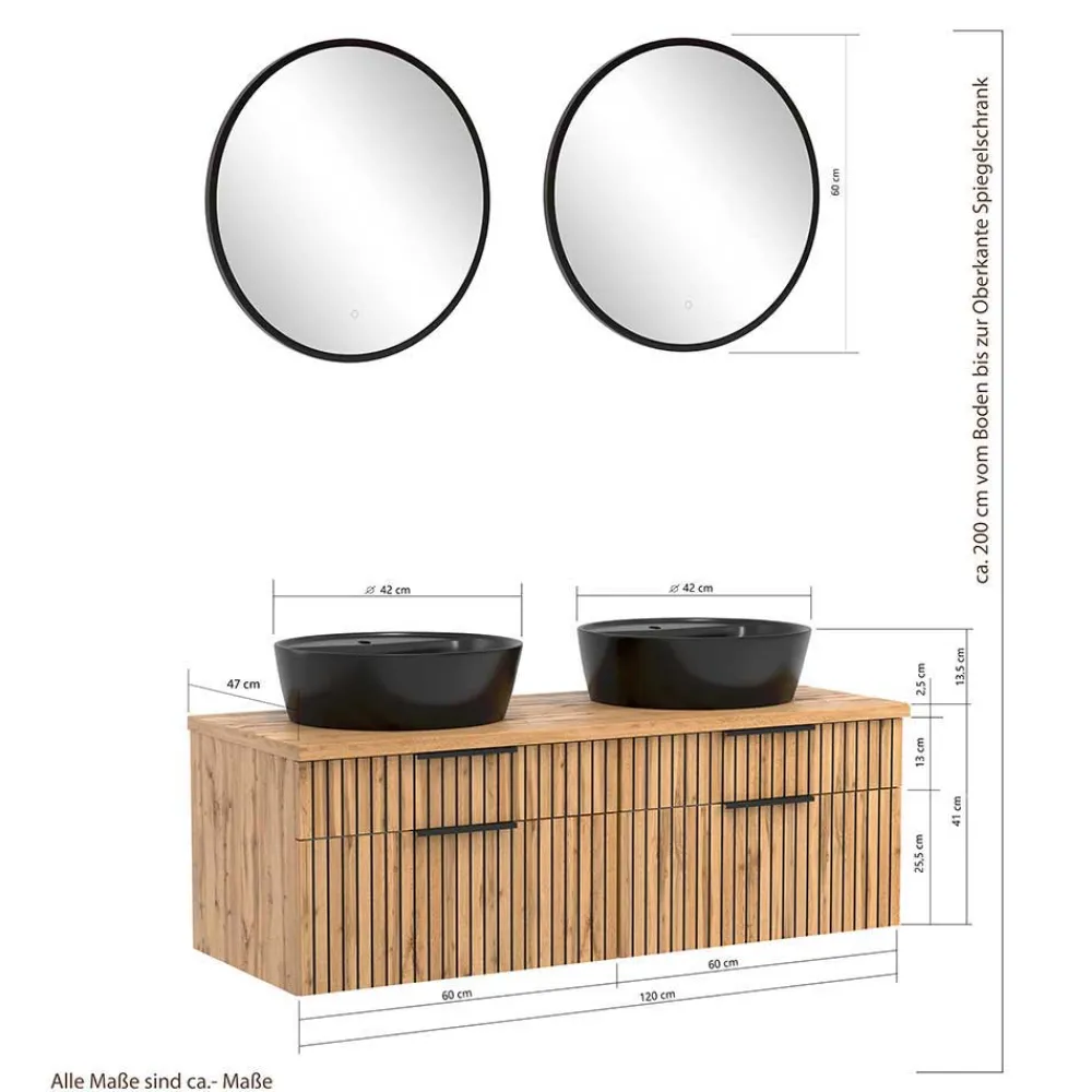 Wohnen Doppel-Waschtisch & Lichtspiegel & Oberschrank - Crystoga (vierteilig)