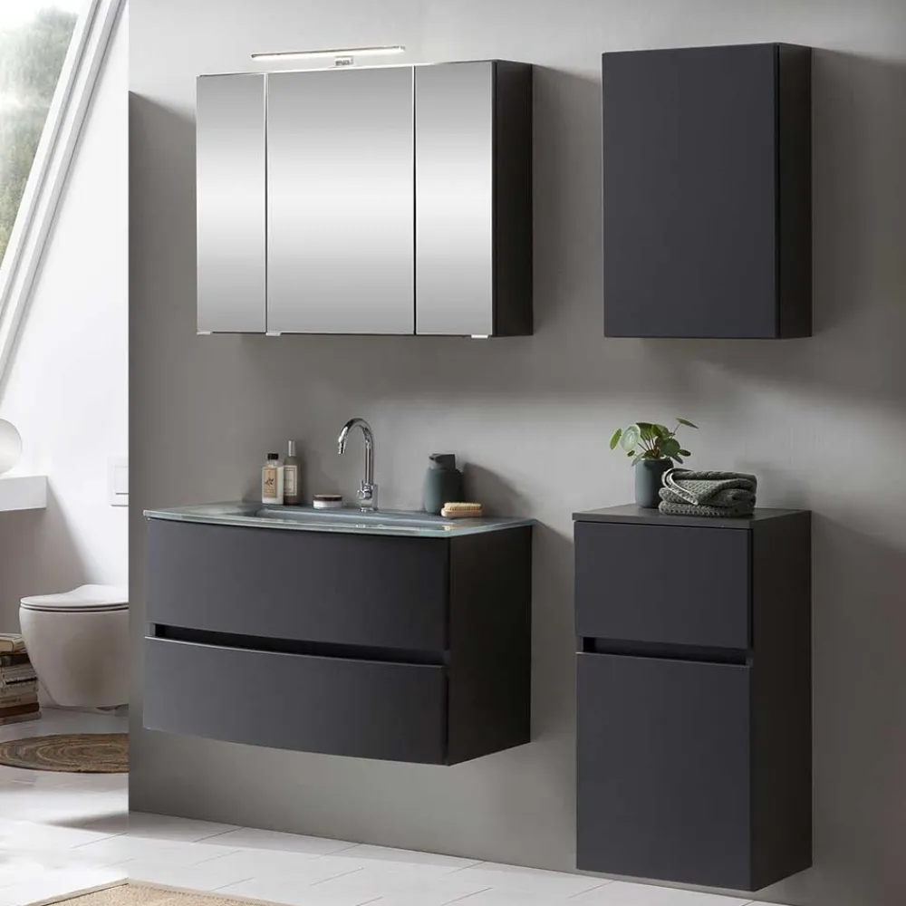 Wohnen Glasmöbel|Badezimmer Komplett*Dunkelgraue Badmöbel Kombination - Natarivos (vierteilig)