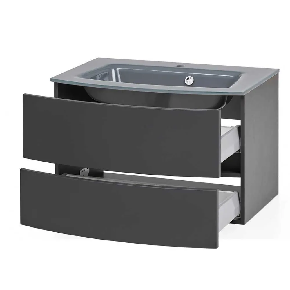 Wohnen Glasmöbel|Badezimmer Komplett*Dunkelgraue Badmöbel Kombination - Natarivos (vierteilig)