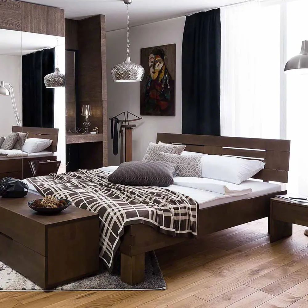 Wohnen Braune Möbel|Naturholzmöbel*Dunkles Massivholz Bett Ceolata in Buche Wenge lackiert