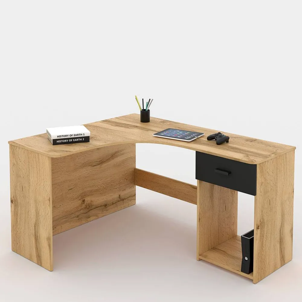 Kinder Wohnen Eckschreibtisch in Wildeiche Optik & Schwarzgrau - Endra