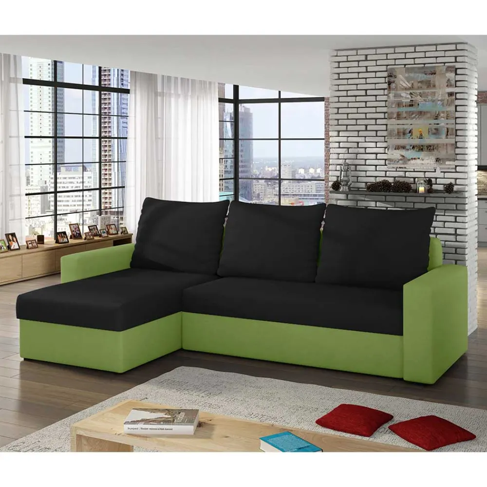 Wohnen Sofas|Sofa*Ecksofa mit Bettfunktion in Schwarz und Hellgrün - Donlazi