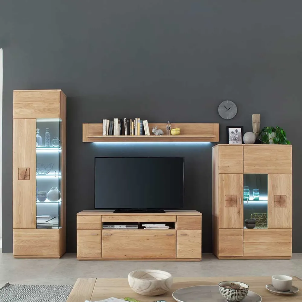 Wohnen Wohnwände|Wohnwand*Edle Wohnwand mit 320cm Breite Pontros in Eiche Bianco teilmassiv (vierteilig)